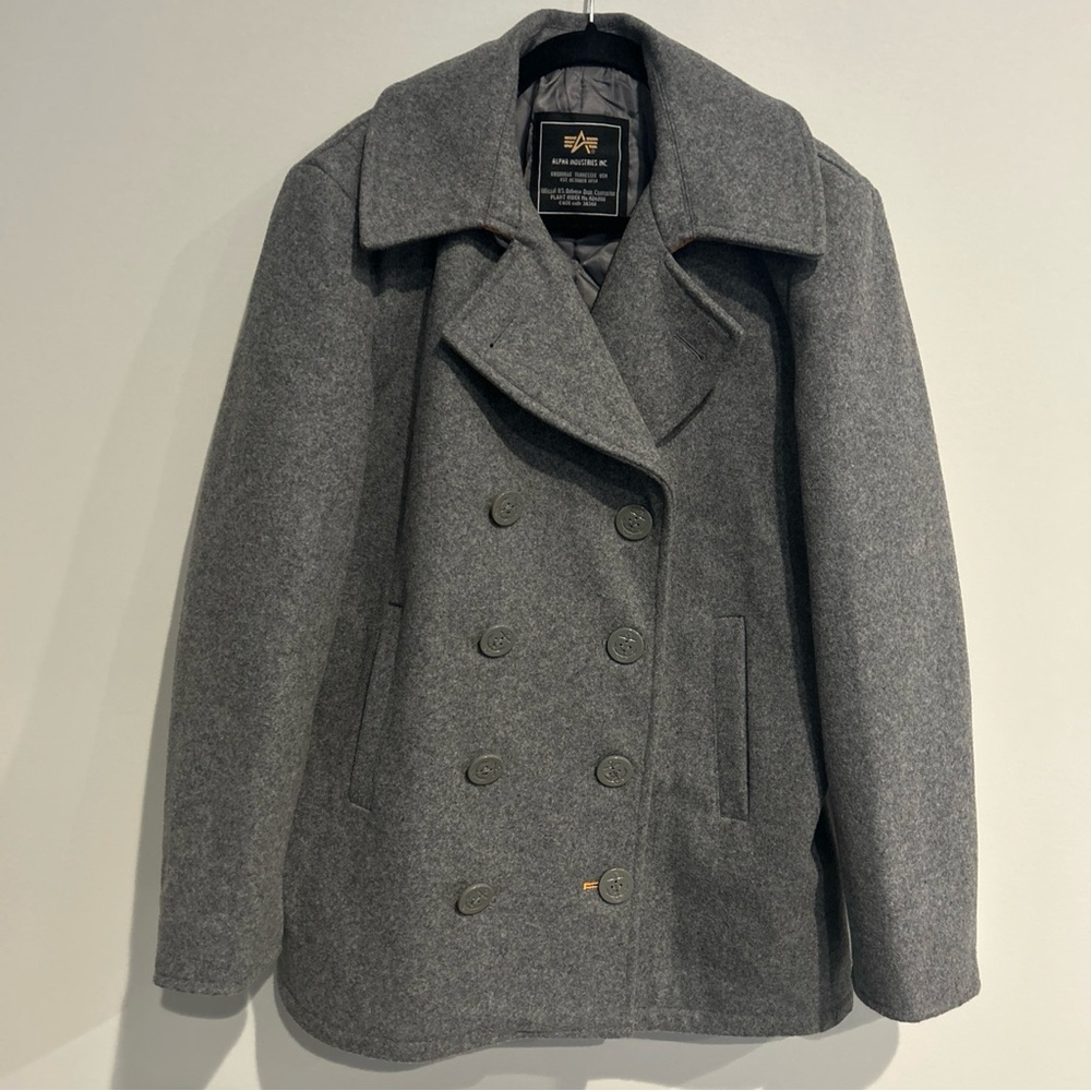 Alpha Industries Navy Wool Peacoat in Gray Size Large Anchor Buttons NWOT